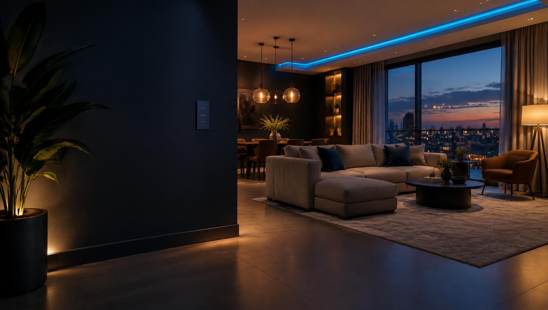Detalhes de iluminação e automação em ambiente residencial